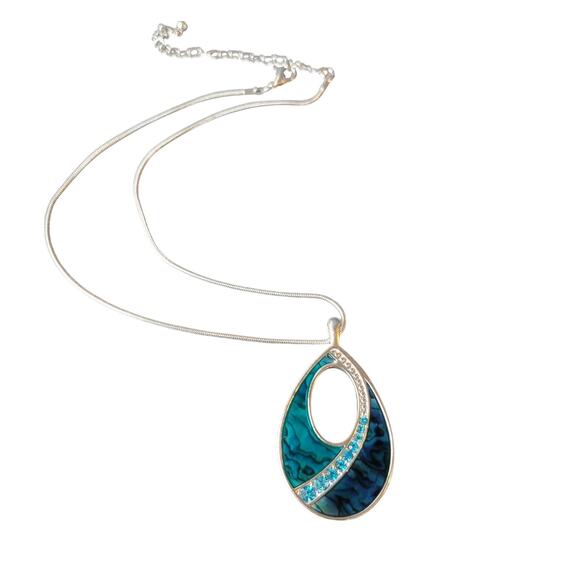 Silver Tone Teardrop Pendant Necklace with Blue Stone Inlay 32" Chain Rhinestone - Picture 4 of 13